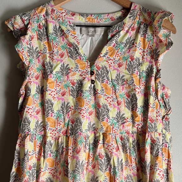 Loft Tropical Print Paradise Ruffle Short Sleeve Button Front Dress Size Small - Picture 5 of 7